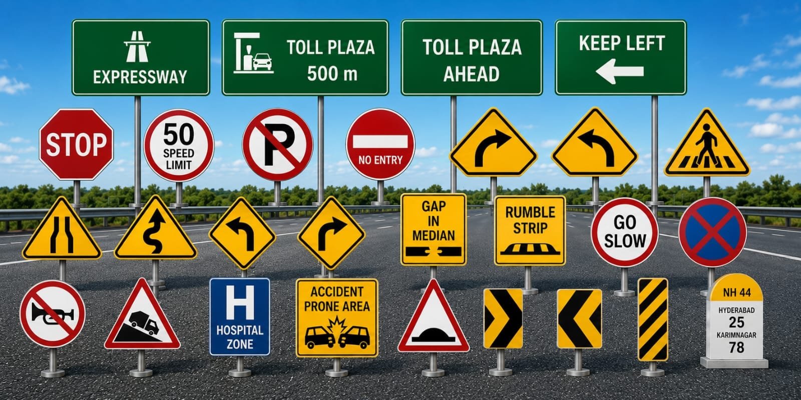 Range of road sign boards displayed on a highway — expressway, toll plaza and keep left direction boards above stop, speed limit, no parking, no entry, curve, pedestrian and hazard signs
